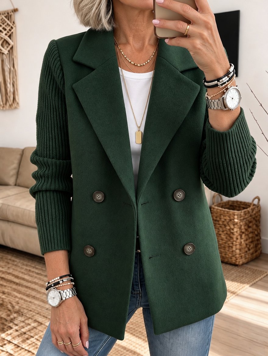 Elisabeth | Double-Breasted Blazer with Ribbed Sleeves - Green