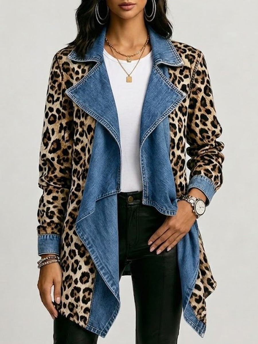 Sherilyn™ | Leopard Print Paneled Mid-Length Jacket