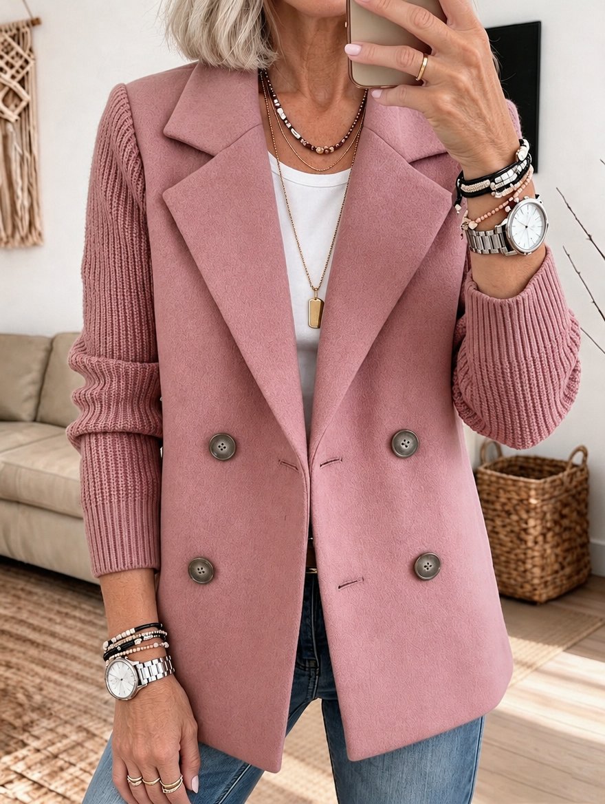 Elisabeth | Double-Breasted Blazer with Ribbed Sleeves - Light Pink