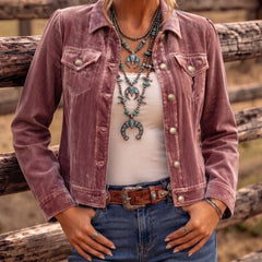 Raffaella vintage boho jacket in Dusty Pink, styled with jeans