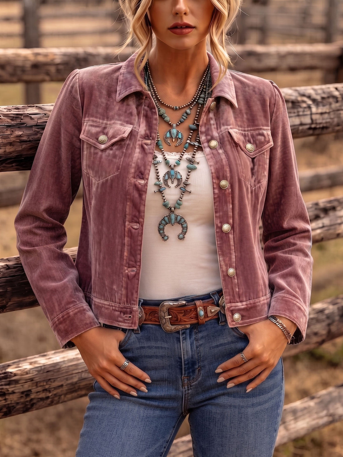 Raffaella vintage boho jacket in Dusty Pink, styled with jeans