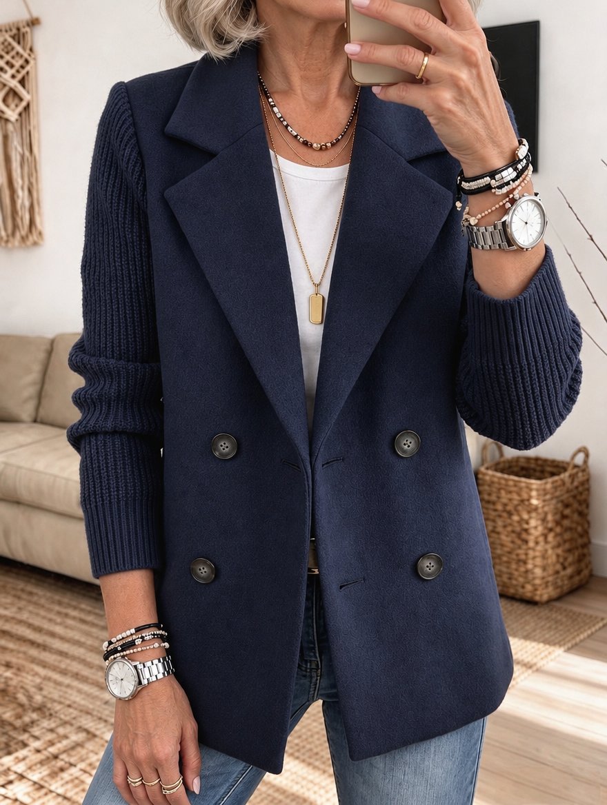 Elisabeth | Double-Breasted Blazer with Ribbed Sleeves - Blue