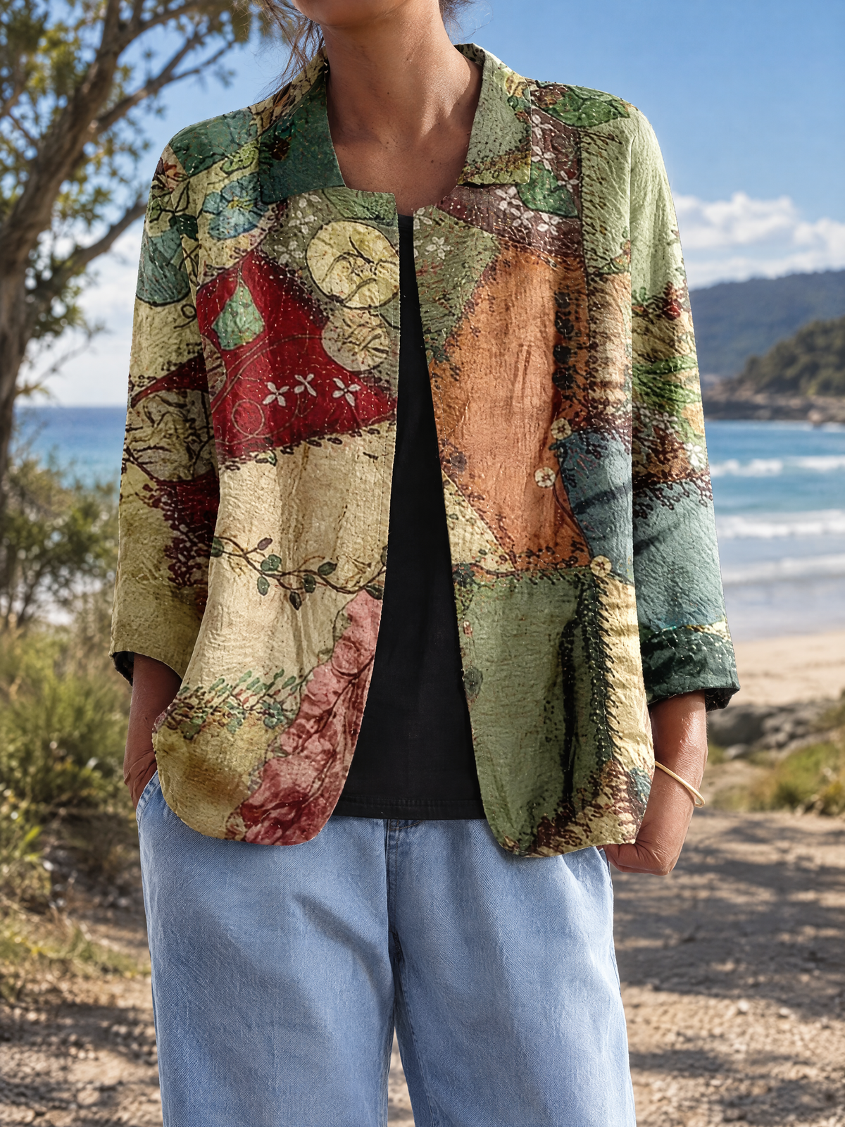 Sylvia Blazer in green patchwork, second view