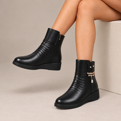 Seraphina | Ruched Jewel-Chain Wedge Ankle Boots