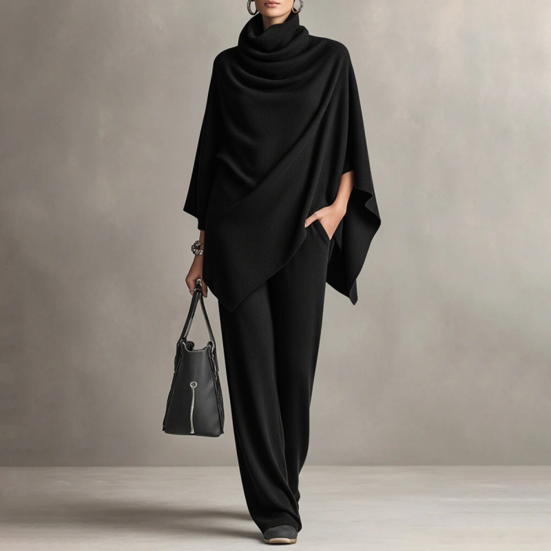 Alma | Draped-Collar Cape and Wide-Leg Pants in Black