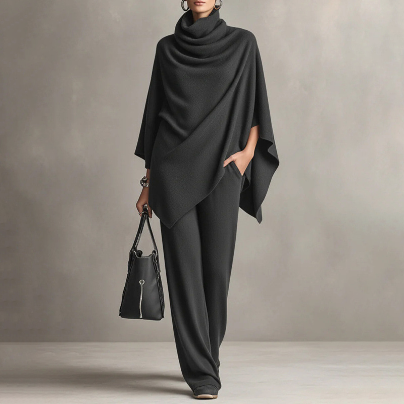 Rina | Draped-Collar Cape and Wide-Leg Pants in Dark Gray