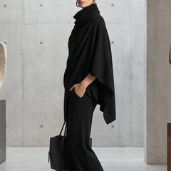 Alma | Draped-Collar Cape and Wide-Leg Pants in Black
