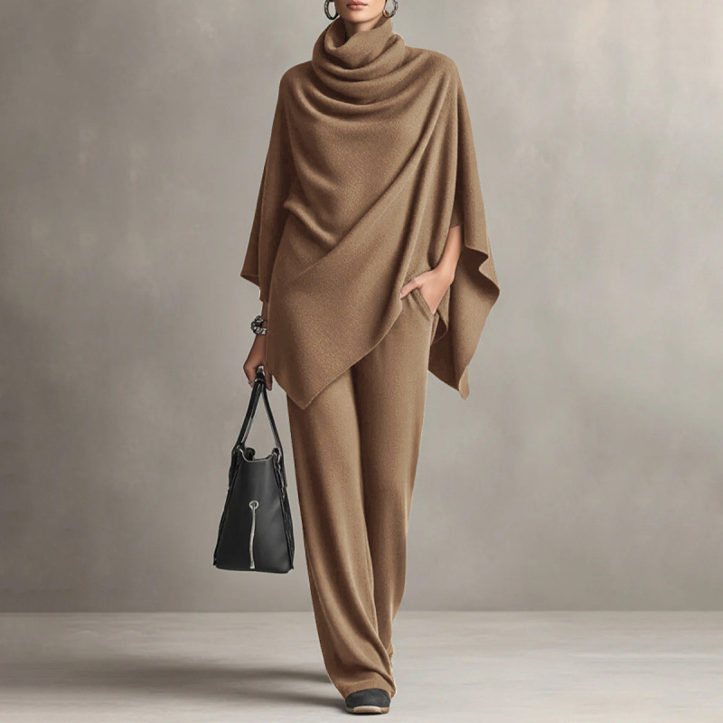 Adua | Draped-Collar Cape and Wide-Leg Pants in Camel