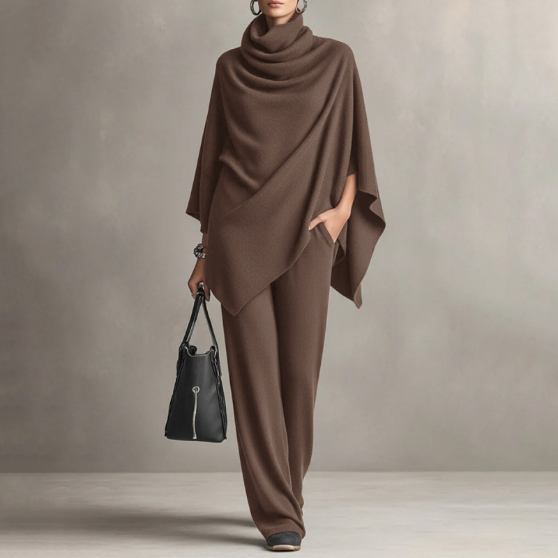 Calliope | Draped-Collar Cape and Wide-Leg Pants in Dark Brown