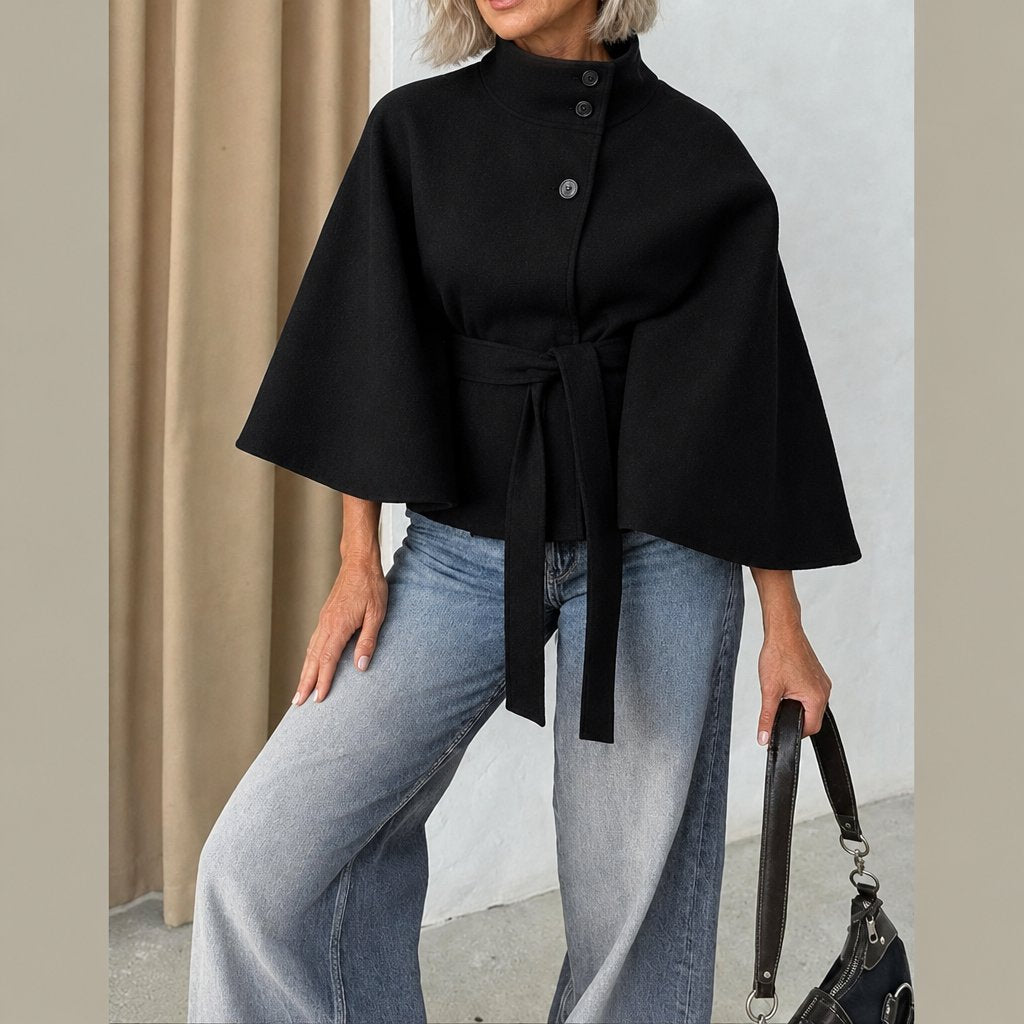 Arlette belted cape coat in black
