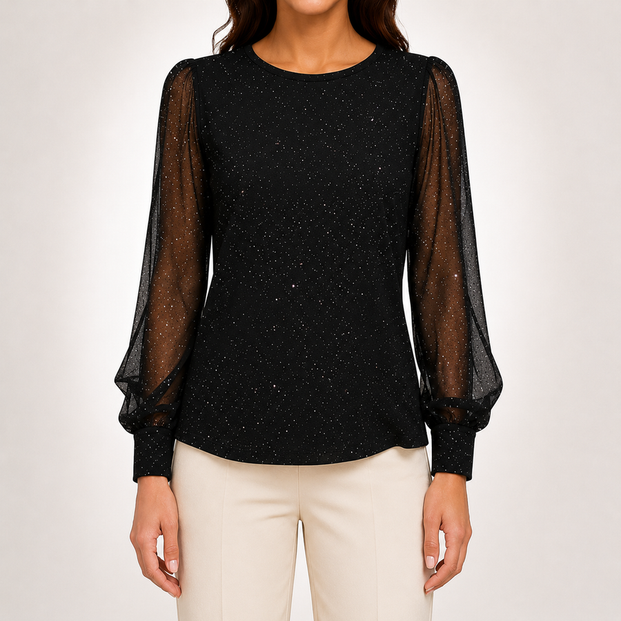 Vivienne shimmer blouse in black with sheer sleeves