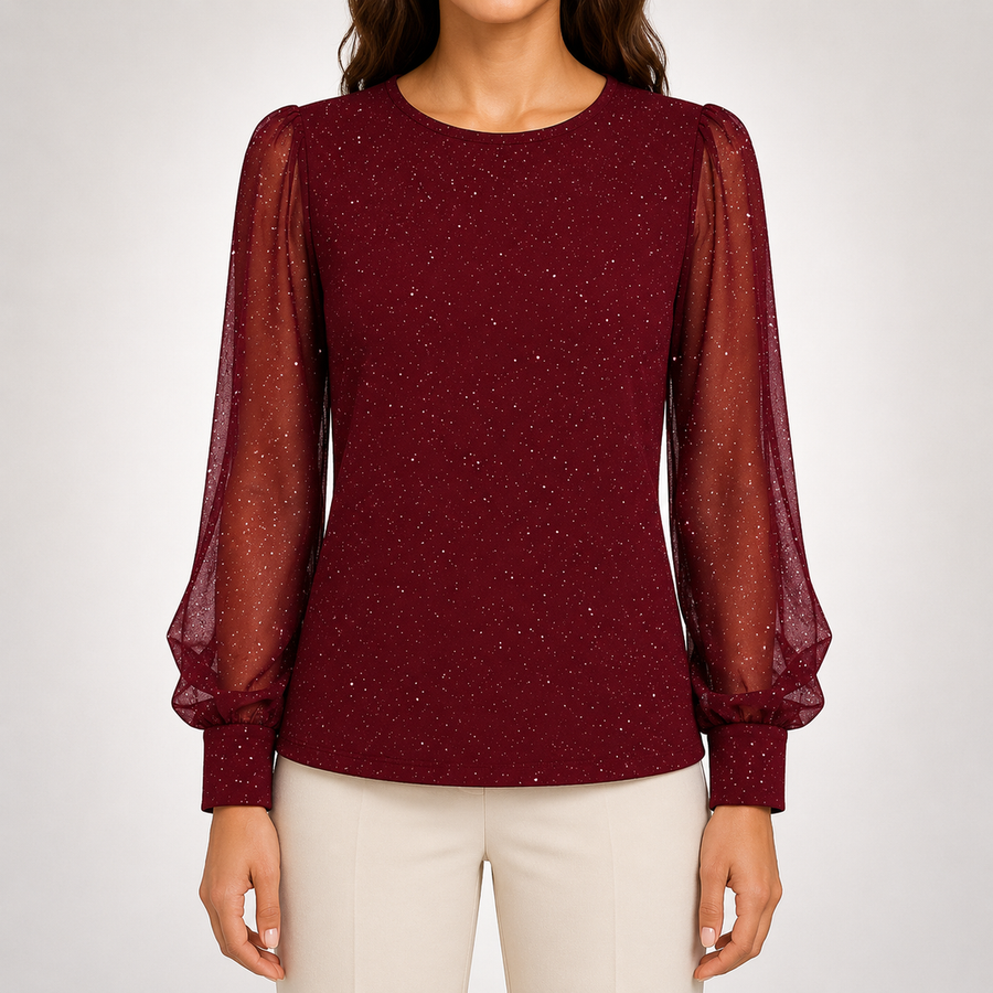 Vivienne shimmer blouse in burgundy with sheer sleeves